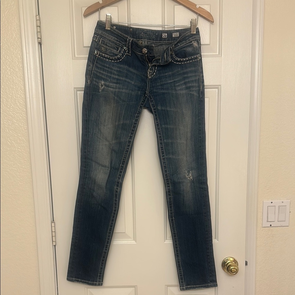 Blue Straight Leg Jeans with Vintage Wash